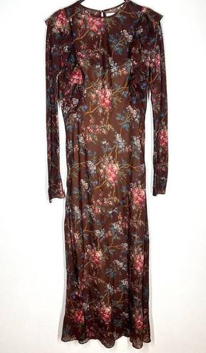 Bordeaux Doen Sz S Clover Ruffle Trim Maxi Dress in  Brown Winter Floral