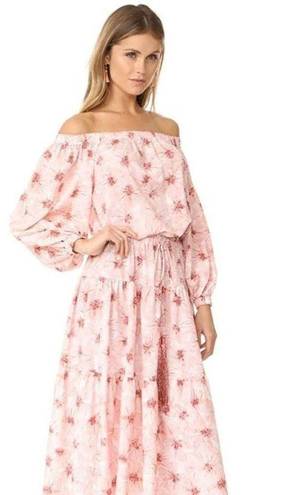 Alexis  Tilia Off the Shoulder Floral Print Tiered Midi Dress Tassel Tie Pink