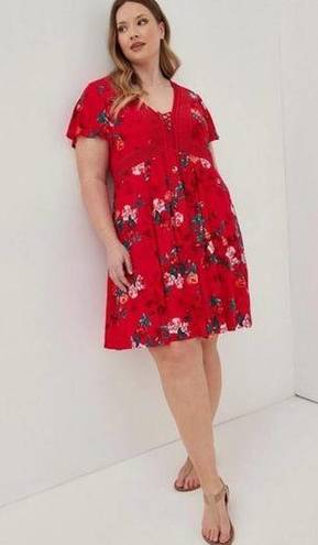 Torrid  Red Floral Gauze Lace Up Skater Dress Sz.2