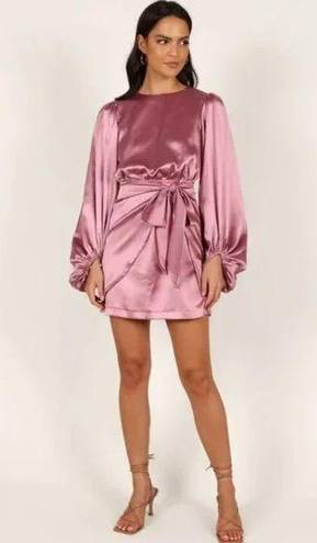 Petal and Pup  Opal Mauve Purple Satin Long Balloon Sleeve Wrap Mini Dress 4