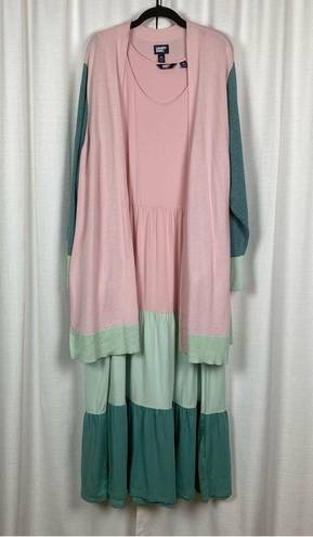 Lands'End  Two Piece Pink&Green Color Block Maxi Dress&Longline Cardigan Sz.3X