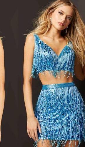 Jovani  Fringe Dress Blue Two Piece Sequin Mini Skirt Set