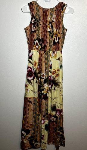 Boston Proper  Maxi Sundress Mixed Media Floral Print Sleeveless Smocked Brown XS