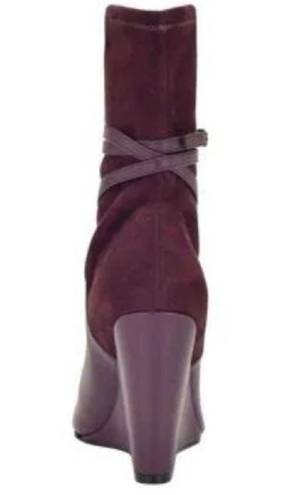 GUESS Burgundy Purple velvet Mixed Media Buckled Strap Acora Point Toe Wedge dress Boot