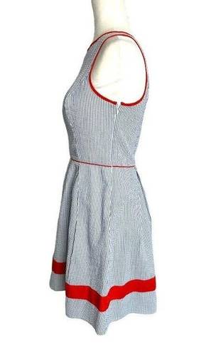 Jessica Simpson  Blue White Seersucker Stripe Dress Orange Trim Pockets SIze 4