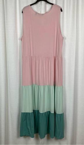 Lands'End  Two Piece Pink&Green Color Block Maxi Dress&Longline Cardigan Sz.3X