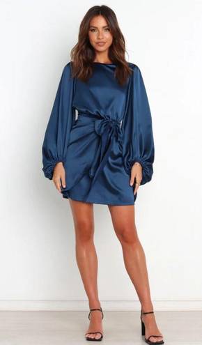 Petal and Pup  Opal Navy Blue Satin Long Balloon Sleeve Wrap Mini Dress 4