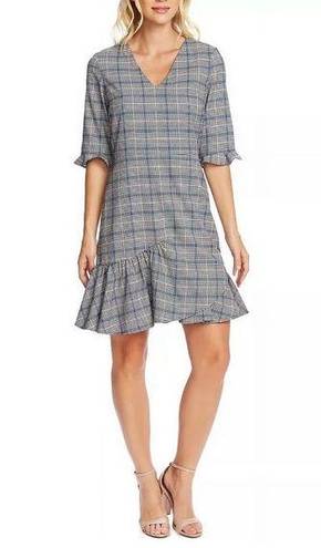 CeCe Plaid V-Neck Half Sleeve Flounce Dress