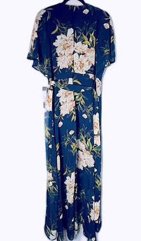 Luxology Navy Floral Print Chiffon High Low Faux Wrap Dress Size 16 New!