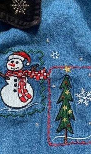 Basic Editions  Vintage Shirt Chambray Holiday Button Front Black Velvet Snowman