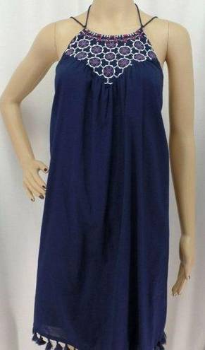 The Loft "" BLUE GEO EMBROIDERED TASSEL TRIM BOHO SWING COASTAL DRESS SZ: M NWT