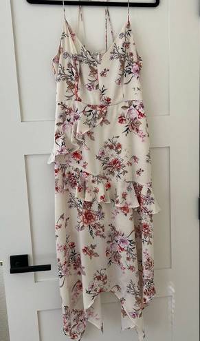 The Row  A Women's Floral Chiffon Side Ruffle V Neck Sleeveless Lined Maxi Dress Sz L