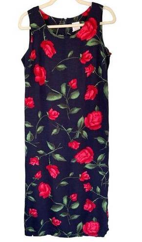 Vintage Blue 90s  Red Rose Dress Size 10 Medium Sleeveless