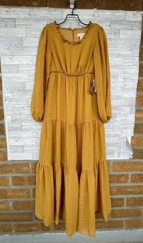 Rachel Parcell  Mustard Yellow Ruffled Tiered Long Sleeve Maxi Dress Textured