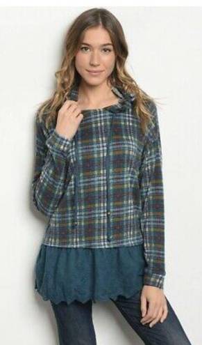 Anabelle's NWT Annabelle Plaid Hooded Tunic Top Long Sleeve Sz M