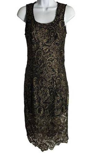 Sans Souci  Lace Overlay Sheath Dress XS Black Gold Metallic Sleeveless Zipper