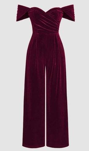 Cider  Wine Off Shoulder Sweetheart Ruched Velvet Jumpsuit