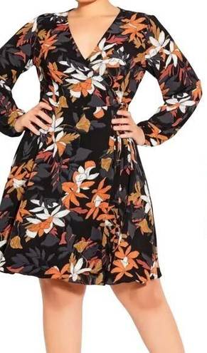 City Chic  Floral Print Mini Wrap Dress Long Sleeve Black Orange Womens S / 16