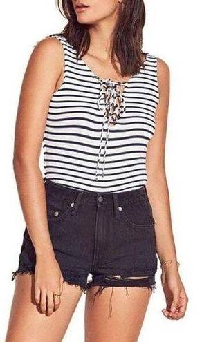 Lovers + Friends  Allie Tank Top Striped Lace Up Bodysuit Navy Blue White Small