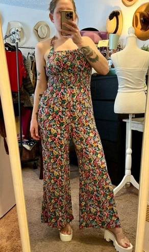 Urban Outfitters UO Lola Bright Colorful Floral Halter Wide Leg Cropped Jumpsuit