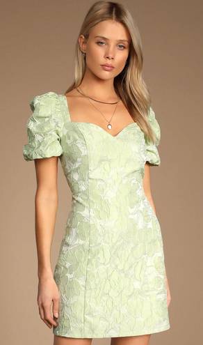 Lulus Beyond Amazing Light Green Floral Jacquard Puff Sleeve Dress