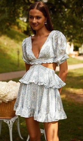 NEW White/Blue Floral Deep V Cutout Waist Ruffled Tiered Dress Multiple