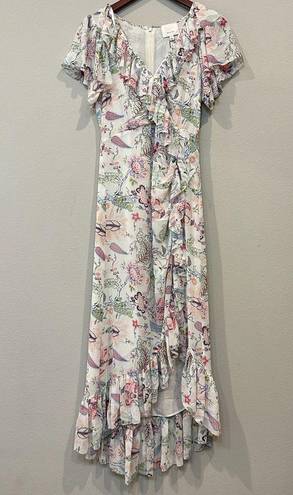 Cinq à Sept  Sheila Floral Ruffle-Trim Midi Dress Size 2 V-Neck Flutter Sleeve