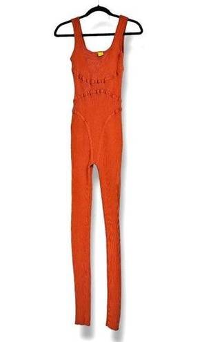 Daisy  Orange Ribbed Stretchy Fitted Jumpsuit Bodysuit Catsuit Tank Scoop Neck M