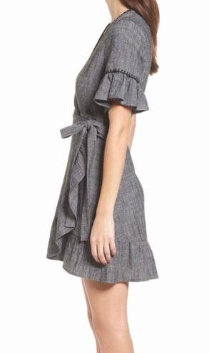 Moon River Heather Gray Blanket Stitch Linen Blend Ruffle Wrap Mini Dress