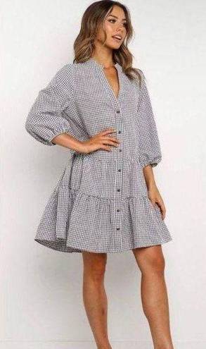 Women's Gingham Long Sleeve Button Down Casual Loose Flowy Swing Dress Black Size L