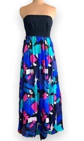 Shoshanna  Midnight Dress Long Silk Jewel Tone Geometric Printed Strapless Prom