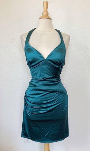 B Darlin Teal Satin Open Strappy Back Cocktail Dress