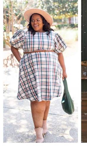 Krass&co Ivy City  Molly Plaid Flare Dress 1X Puff Sleeves Knee Length Plus Size