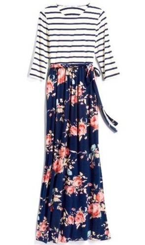 Krass&co Lux &  XL Bernice 2fer Knit Stripes and Floral Maxi Dress - navy, white, pink