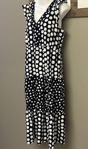 Loft  Navy White Polka Dot V-Neck Ruffled Flowy MIDI Dress- Medium