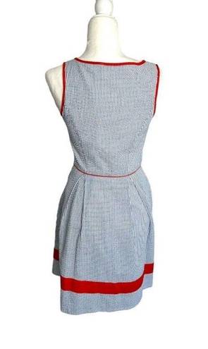 Jessica Simpson  Blue White Seersucker Stripe Dress Orange Trim Pockets SIze 4