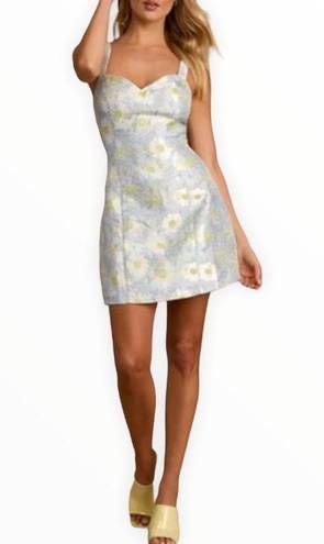 Lulus Lulu’s Blooming Love Light Blue Yellow Floral Jacquard Mini Dress size Medium