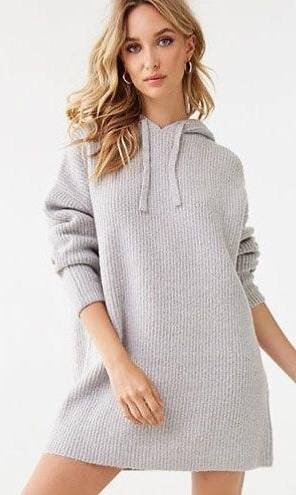 Forever 21 Hooded Sweater Hoodie Knit Mini Dress in Heather Grey