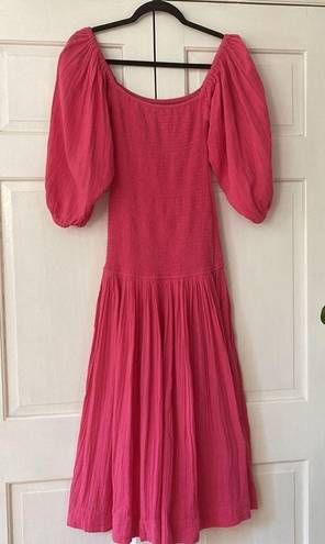 Harper RHODE  Smocked Off Shoulder Puff Sleeve Hot Pink Midi Dress Gauze Cotton
