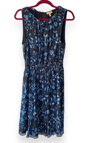 Rebecca Taylor  Kyoto Sleeveless Black & Blue Floral Print Metallic Smocked Dress