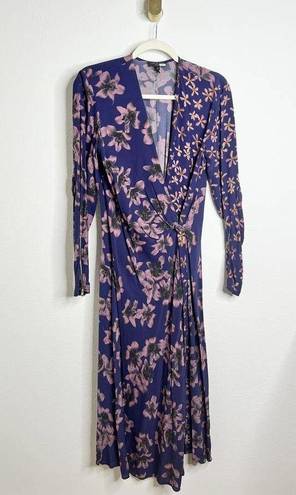 Rag and Bone  Odette V Neck Long Sleeve Blue Floral Wrap Midi Dress US 2