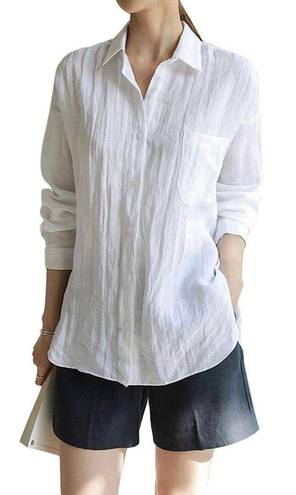 Women's Cotton Linen Shirts Button Down V Neck Blouse Casual Long Sleeve High Low Tops White Size M