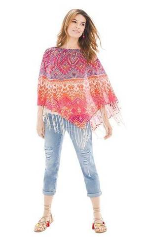 CHICO'S Phoebe Poncho Colorful Sheer Linen ONE SIZE w Beaded Fringe Pink Purple Size M