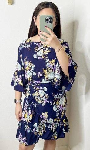 Bobeau B Collection by  Astrid Floral Blue Apron Mini Wrap Dress 3/4 Sleeves XS