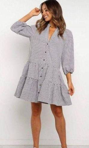 Women's Gingham Long Sleeve Button Down Casual Loose Flowy Swing Dress Black Size L