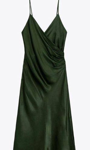 ZARA Draped Lingerie Style Emerald Forest Green Midi Dress 