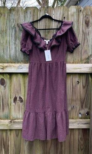 Chelsea and Violet NWT  Ruffle Scoop Neck Short Puff Sleeve Check Print Merlot Mi