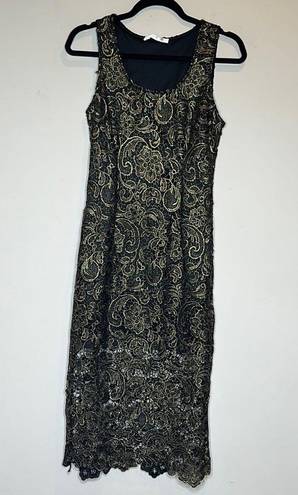 Sans Souci  Black and Gold Floral Overlay MIDI Dress