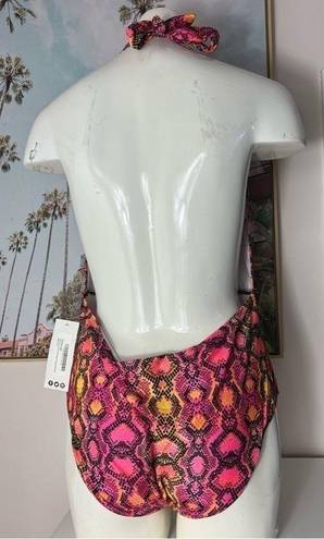 Boohoo  Pink Neon Yellow Snake Print Morocco Deep Plunge One Piece Swimsuit Sz 12