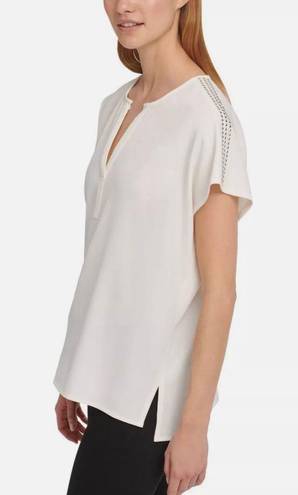 DKNY Ivory Studded-Shoulder V-Neck Blouse Shirt Top